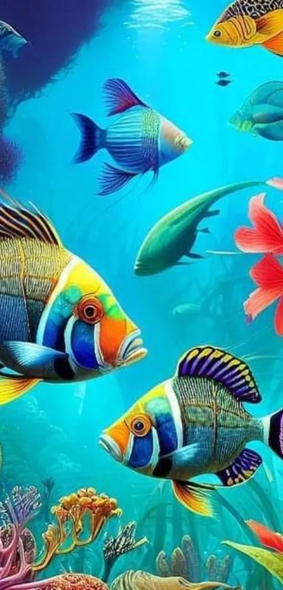 Colorful underwater scene with exotic fish and coral in a vibrant turquoise sea.