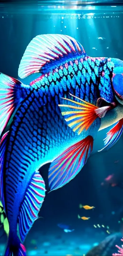 Vibrant blue fish swimming in an underwater scene with colorful coral.