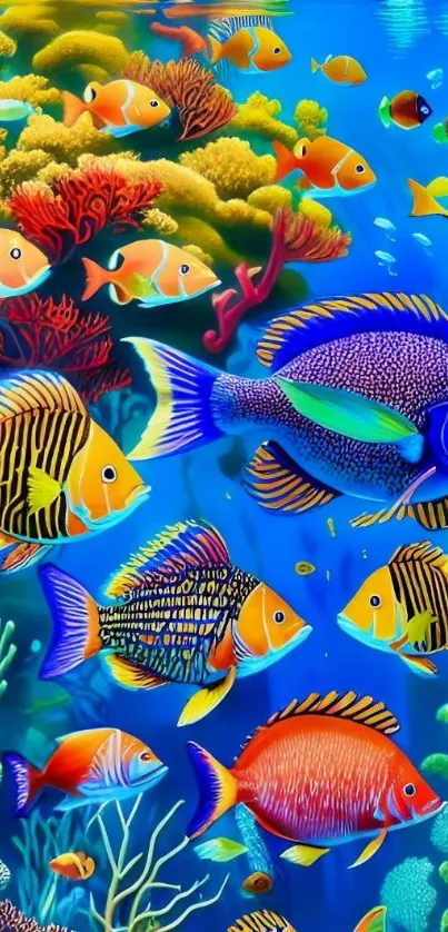Colorful fish swimming through vibrant coral reef in an azure ocean setting.