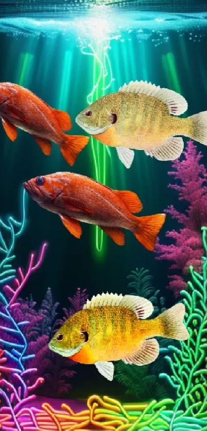 Vibrant fish swimming among neon corals underwater with dark blue background.
