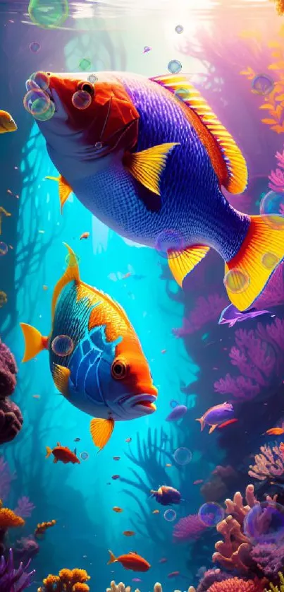 Vibrant underwater scene with colorful fish and coral reefs.