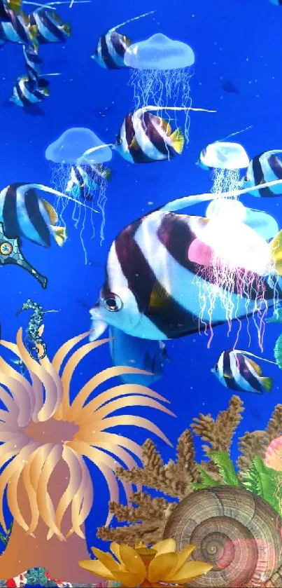 Vibrant underwater wallpaper with tropical fish against a deep blue background.