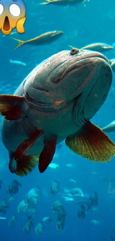 Fish swimming underwater with blue background and a surprised emoji.