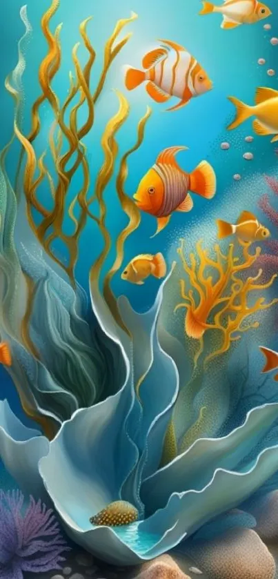 Colorful fish swim in vibrant coral underwater scene wallpaper.