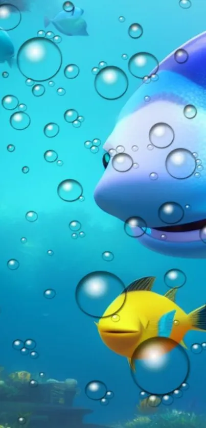 Colorful fish and bubbles in underwater scene.