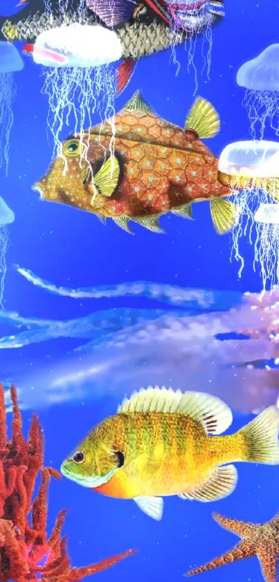 Colorful fish and jellyfish against a blue ocean background.