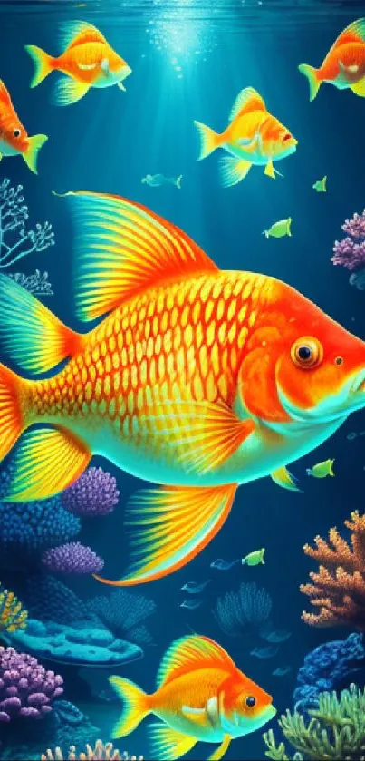 Vibrant fish swim among colorful corals in an underwater scene.