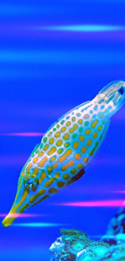 Vibrant fish with yellow spots in a blue ocean background.