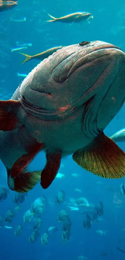 A large fish swimming in a vibrant blue ocean, surrounded by marine life.