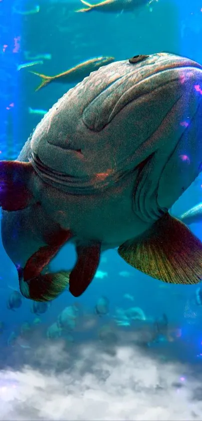 Underwater scene featuring a large fish swimming gracefully.