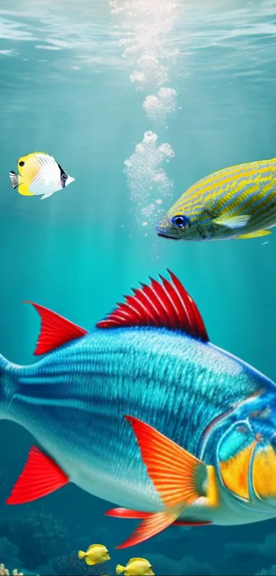 Vibrant underwater wallpaper with colorful fish swimming in blue ocean.