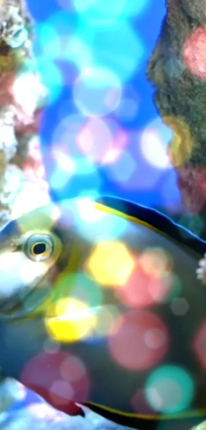 Colorful fish with bokeh lights in an underwater scene wallpaper.