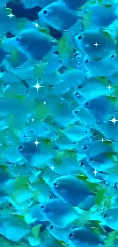 Underwater scene with blue fish and sparkling effects.