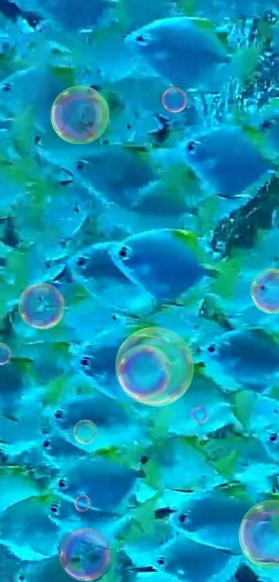 Vibrant blue fish with colorful bubbles in underwater scene.