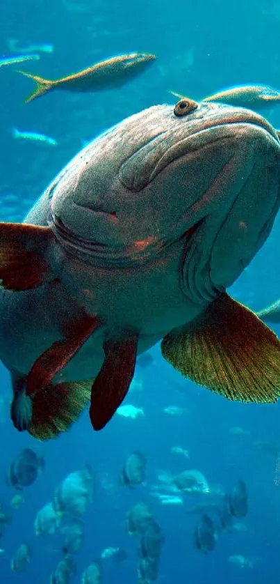 Large fish swimming in vibrant blue underwater scene.