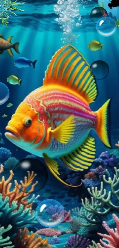 Vibrant underwater scene with colorful fish and coral reef.
