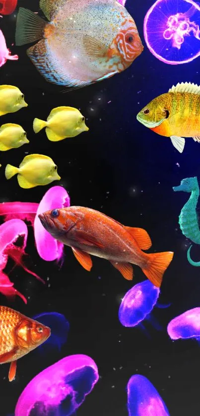 Colorful fish and jellyfish in a vibrant marine wallpaper.