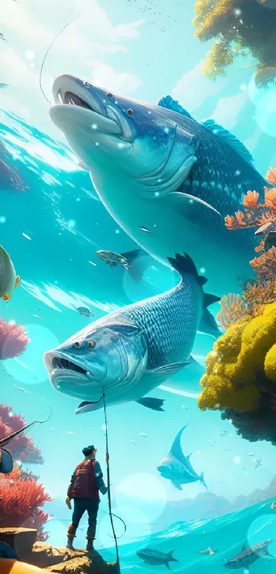 Underwater scene with giant fish and fisherman in vibrant ocean colors.