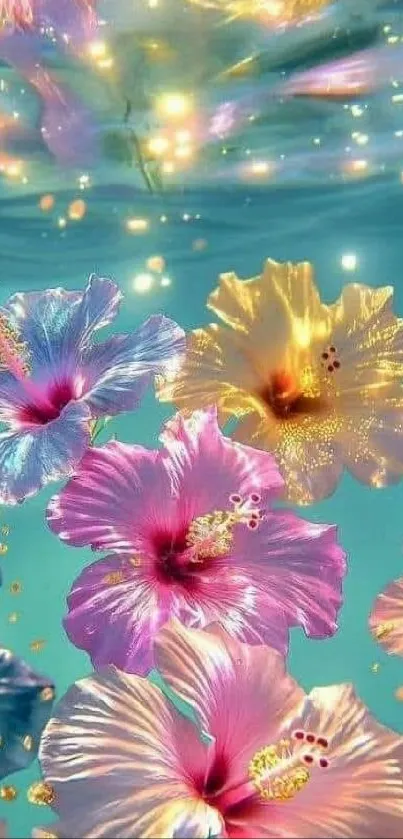 Colorful hibiscus flowers in an underwater scene.