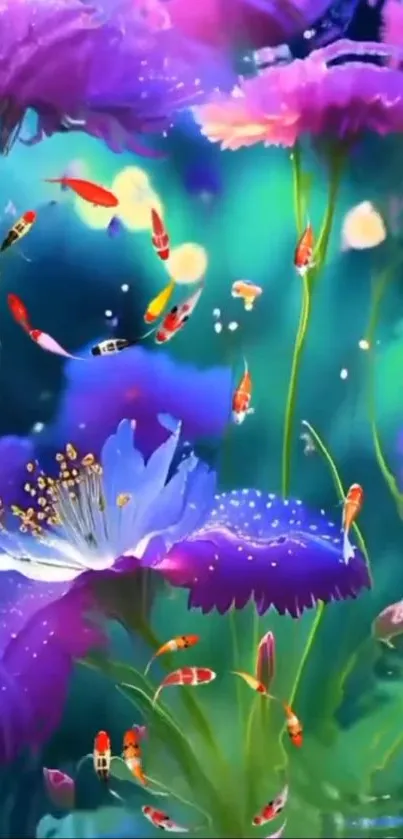 Colorful underwater floral scene with koi fish.