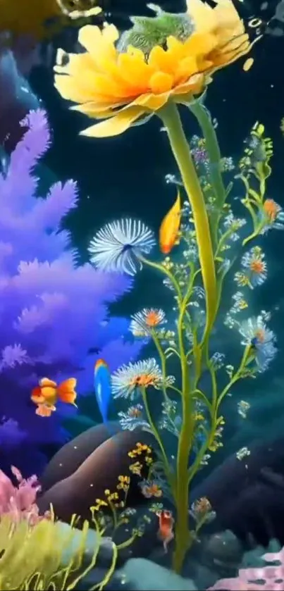 Colorful underwater scene with flowers and fish