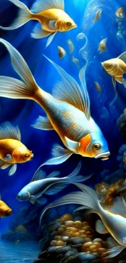 Artistic wallpaper of golden fish swimming in a blue underwater scene.