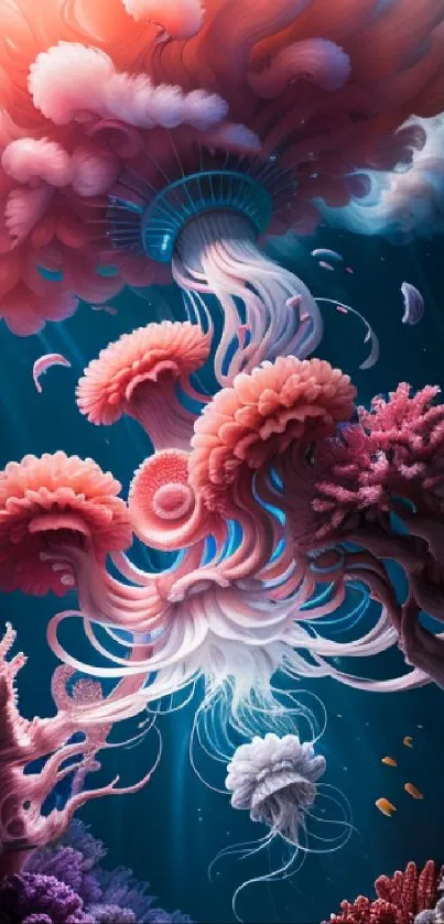 Artistic wallpaper of jellyfish and coral in vibrant underwater hues.