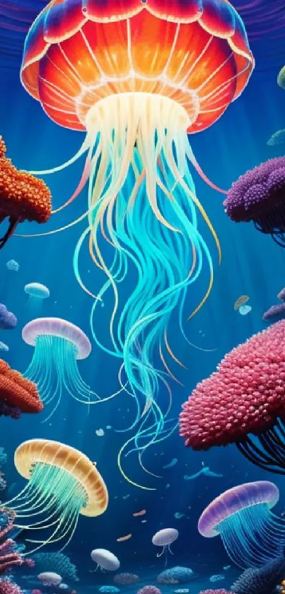 A vibrant underwater wallpaper featuring colorful jellyfish and coral reefs.