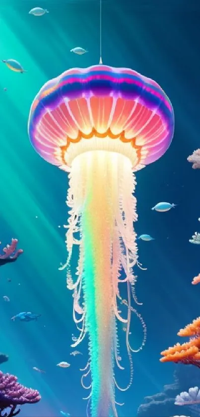 Colorful jellyfish floating in vibrant underwater scene with corals and fish.