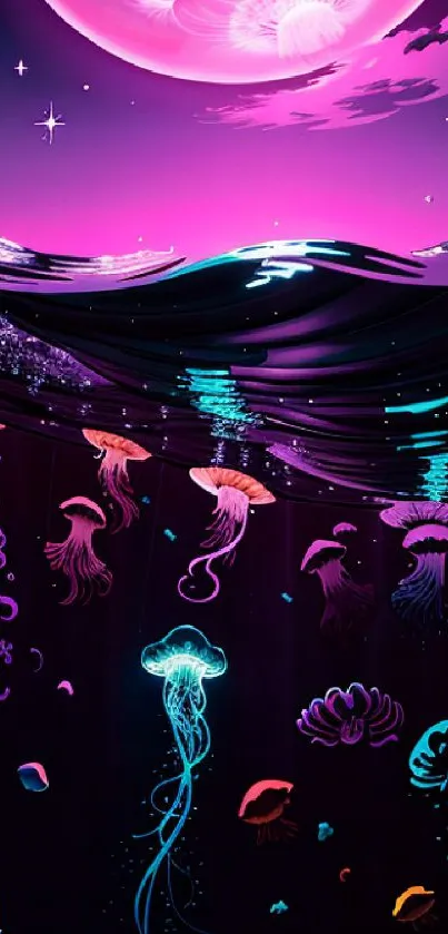 Vibrant underwater scene with glowing jellyfish and a pink moon.