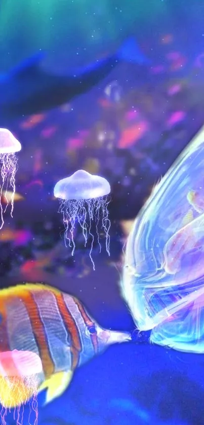 Vibrant underwater scene with jellyfish and fish in a blue ocean.