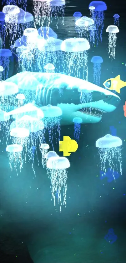 Vibrant underwater scene with glowing jellyfish and a shark.