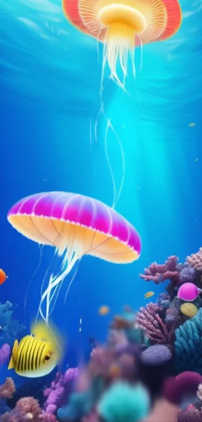 Vibrant underwater scene with jellyfish and coral reefs.