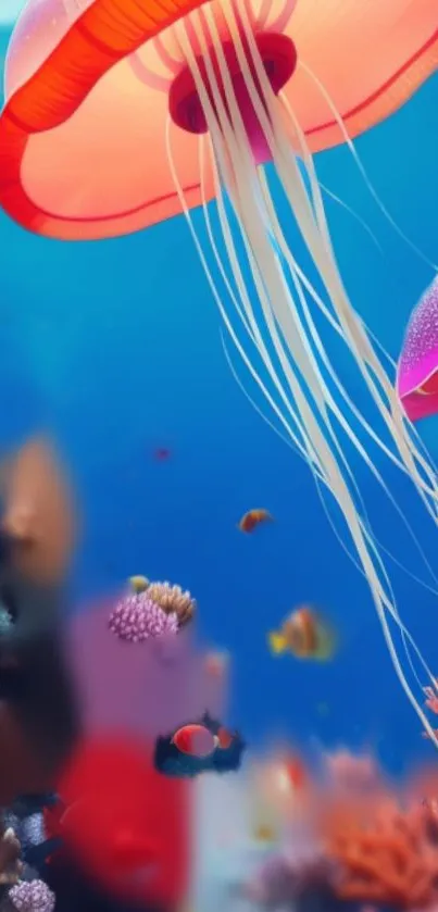 Vibrant jellyfish and coral scene in an underwater setting.