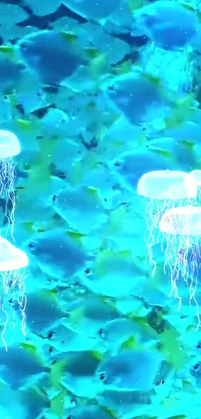 Vibrant blue underwater scene with glowing jellyfish and fish.