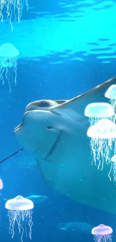 Manta ray surrounded by glowing jellyfish in a serene underwater scene.