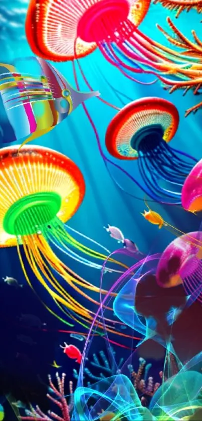 Vibrant underwater scene with colorful jellyfish and corals.