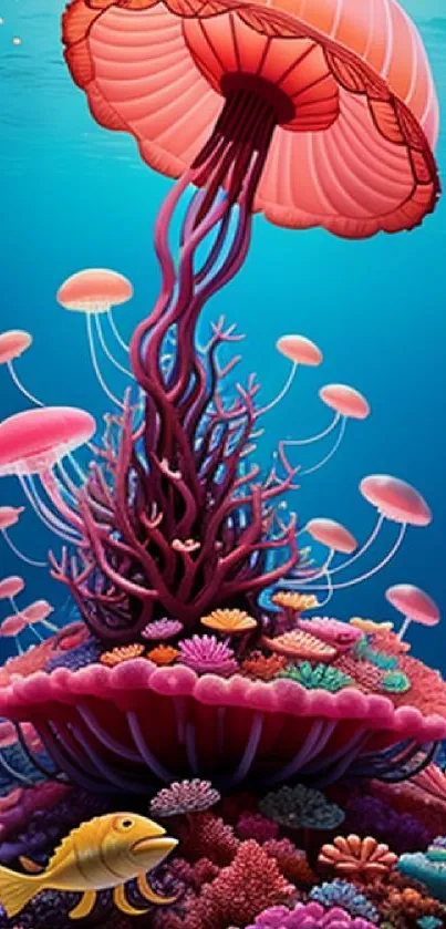 Colorful underwater scene with jellyfish and coral reef.