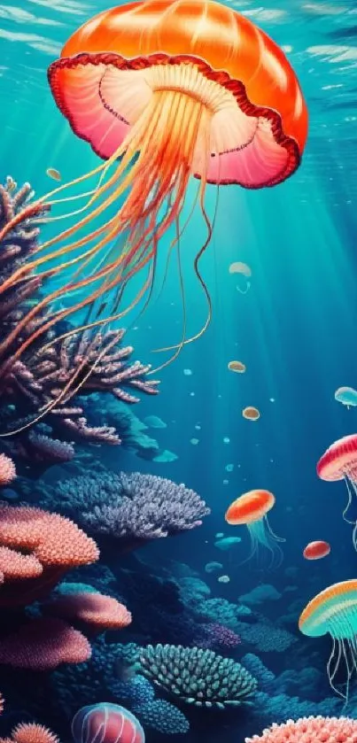 Vibrant underwater scene with jellyfish and coral in blue ocean hues.