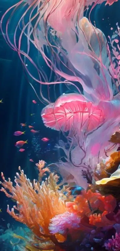 Colorful underwater scene with jellyfish and coral.