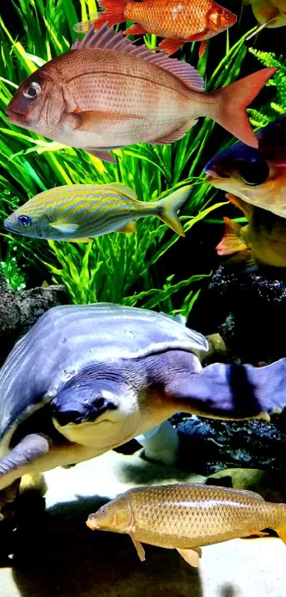 Colorful fish and turtle in vibrant underwater scene.