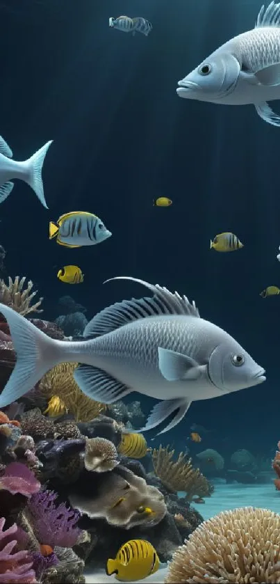 Underwater scene with fish and coral reefs in vibrant colors.