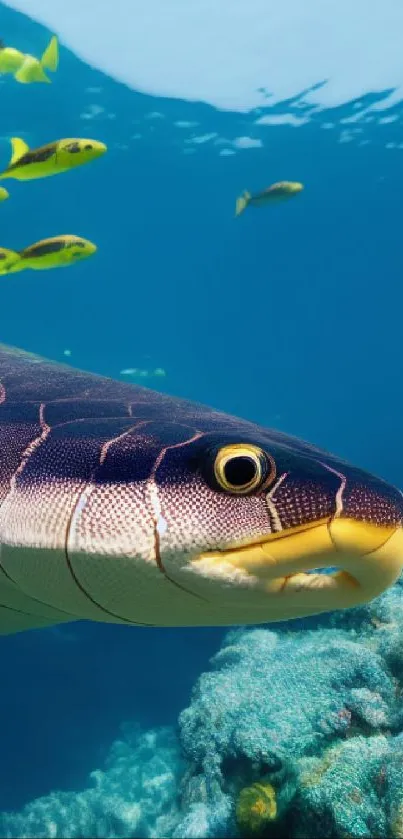 Underwater scene with fish and coral reef in clear blue water.