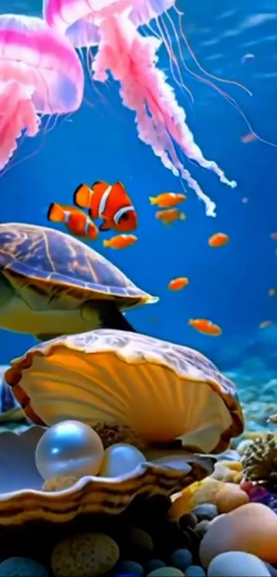 Underwater scene with jellyfish, turtle, and clownfish in a vibrant ocean setting.