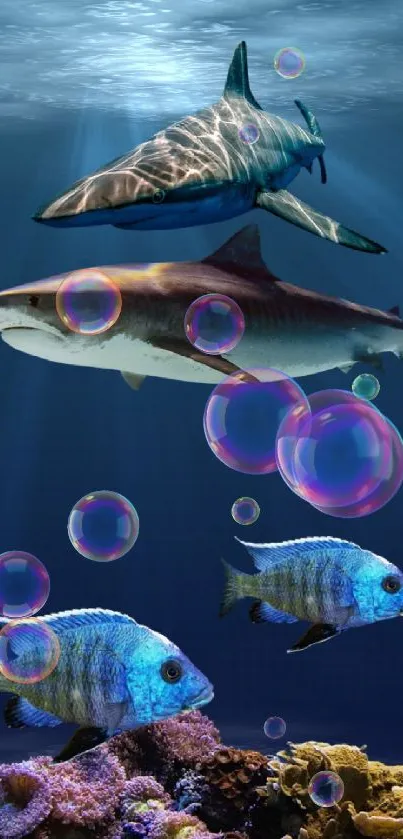 Underwater sharks and fish swimming over coral in a deep blue ocean.