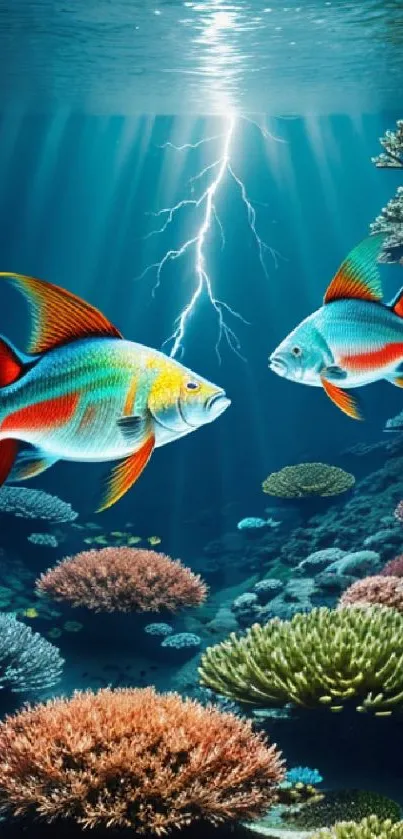 Vibrant underwater scene with colorful fish and lightning.