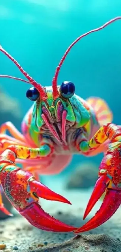 Colorful lobster in vibrant underwater scene.