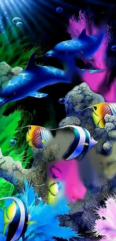 Colorful underwater scene with dolphins and vibrant coral.