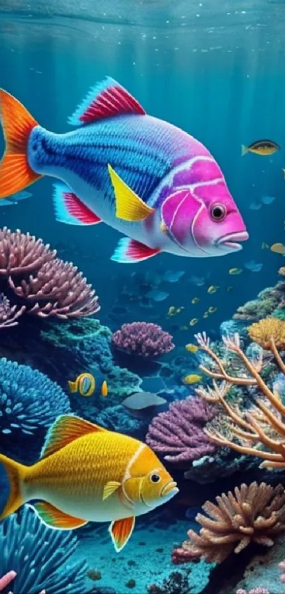 Colorful fish swimming among coral reefs in a vibrant underwater scene.