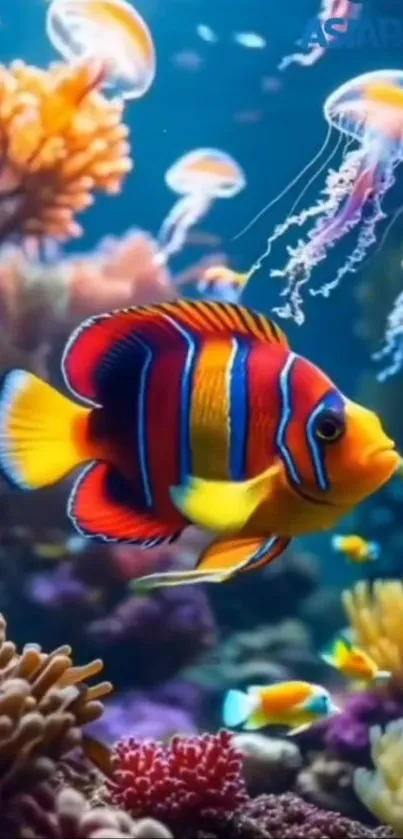 A vibrant underwater scene with colorful fish and corals.